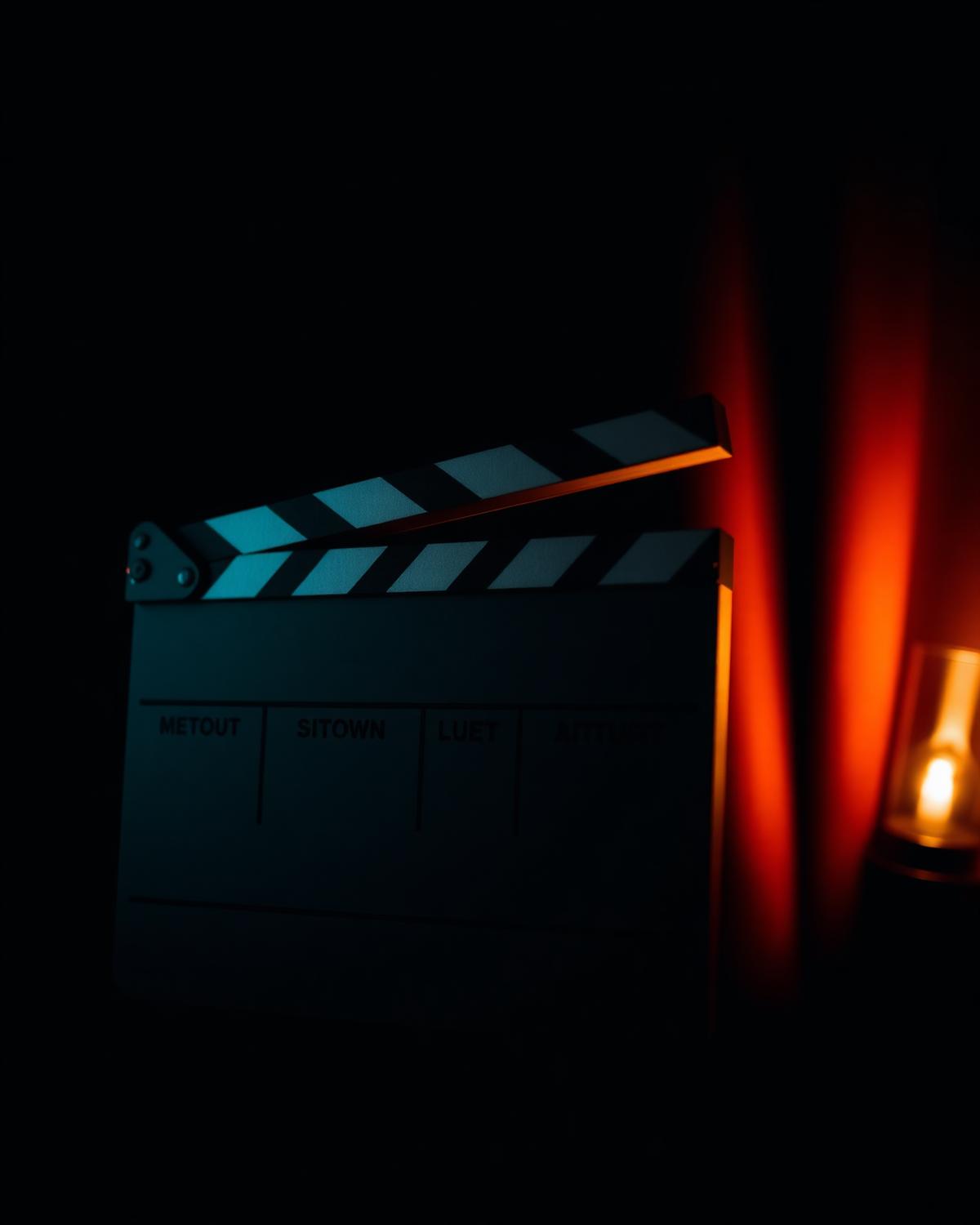 Clapperboard on dark set
