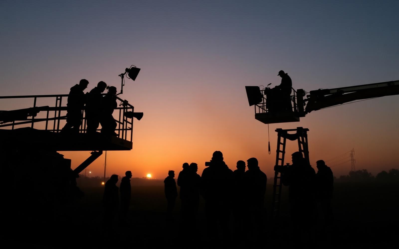 Film crew silhouettes on a UK location at dusk — INDO-UK production services